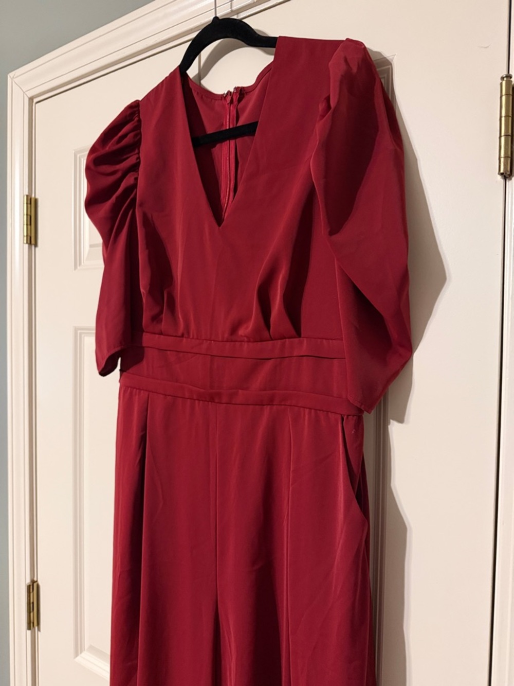 Red V-Neck Puff Sleeve Women's Dress
